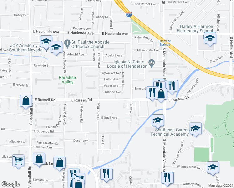 map of restaurants, bars, coffee shops, grocery stores, and more near 5650 Leia Street in Las Vegas