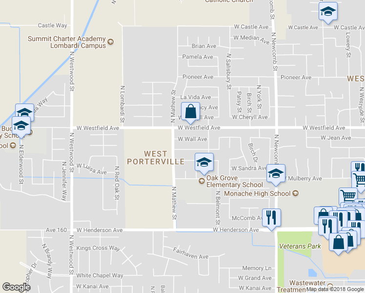 map of restaurants, bars, coffee shops, grocery stores, and more near 1968 West San Lucia Avenue in Porterville