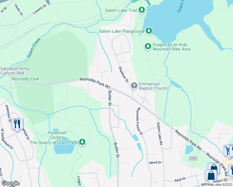 map of restaurants, bars, coffee shops, grocery stores, and more near 2710 Reynolds Park Road in Winston-Salem