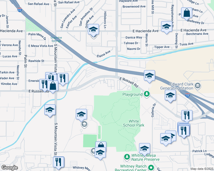map of restaurants, bars, coffee shops, grocery stores, and more near 4915 East Russell Road in Las Vegas