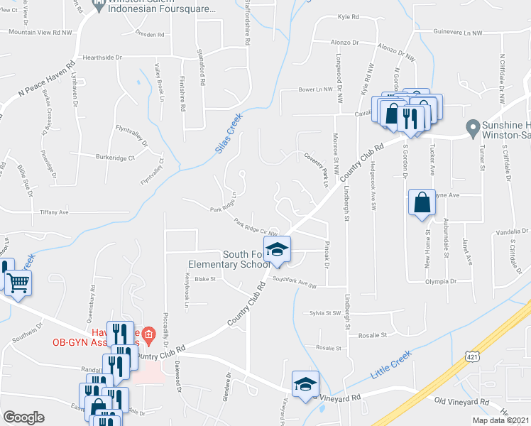 map of restaurants, bars, coffee shops, grocery stores, and more near 157 Forest View Drive in Winston-Salem