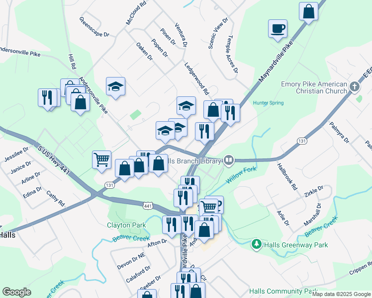 map of restaurants, bars, coffee shops, grocery stores, and more near 4321 East Emory Road in Knoxville