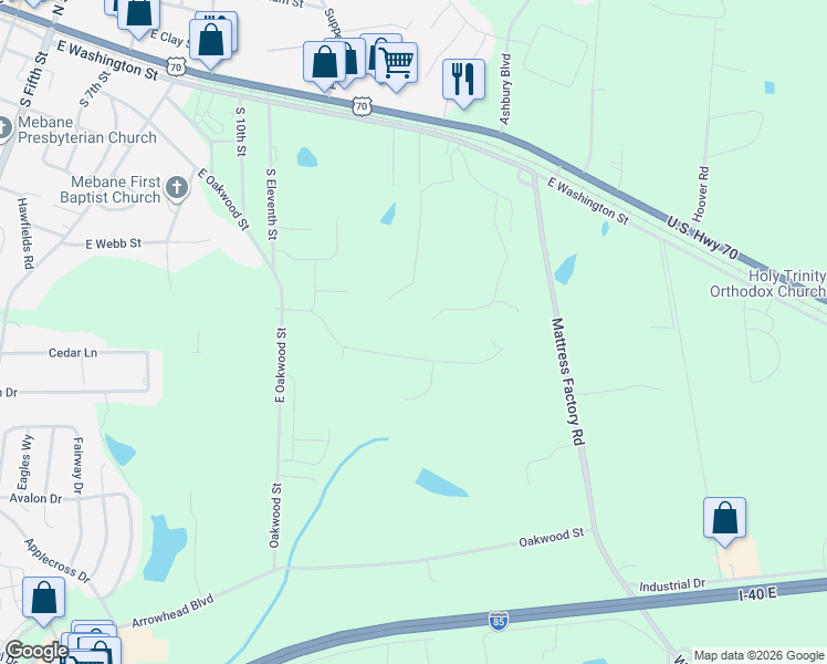 map of restaurants, bars, coffee shops, grocery stores, and more near 1203 Willow Brook Court in Mebane