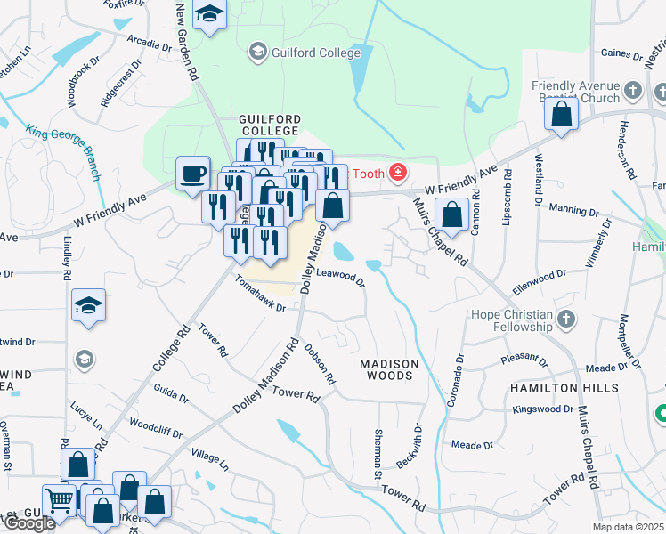 map of restaurants, bars, coffee shops, grocery stores, and more near 706 Leawood Drive in Greensboro