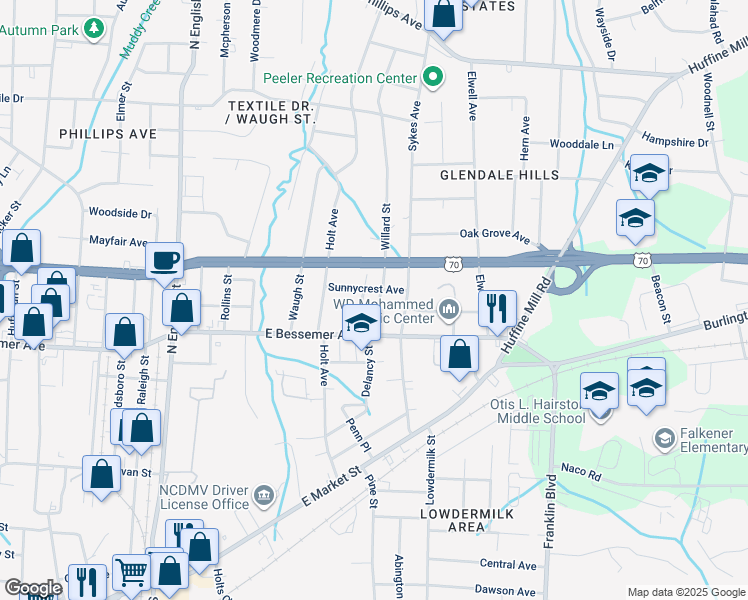 map of restaurants, bars, coffee shops, grocery stores, and more near 613 Willard Street in Greensboro