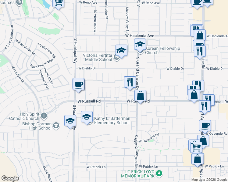 map of restaurants, bars, coffee shops, grocery stores, and more near 5641 South Vassar Meadow Street in Las Vegas