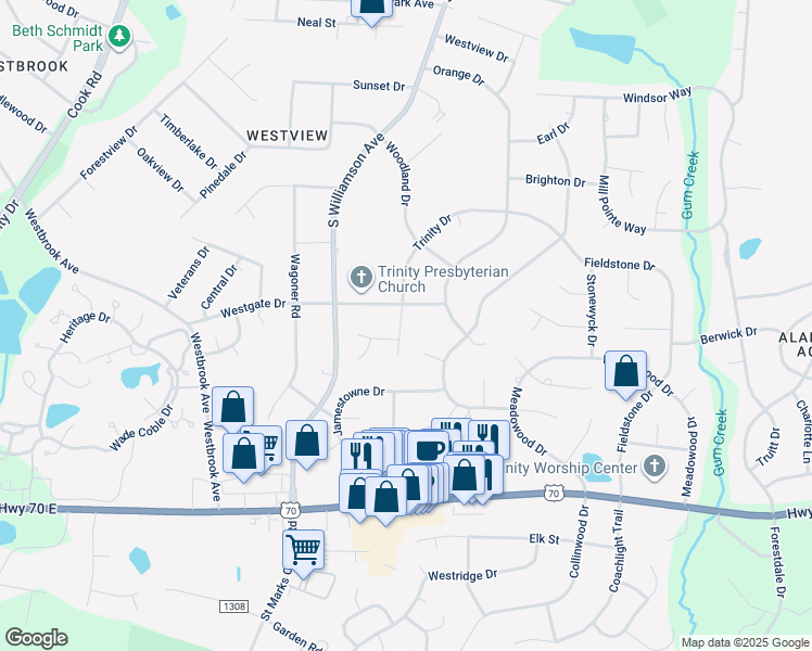 map of restaurants, bars, coffee shops, grocery stores, and more near 303 Trinity Court in Elon