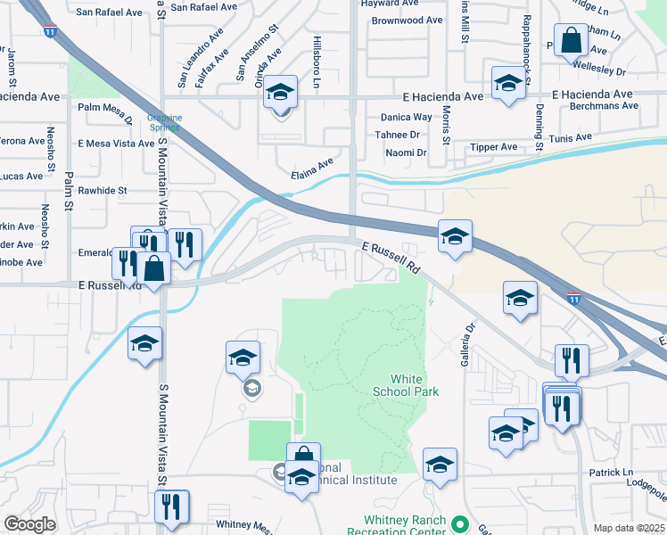 map of restaurants, bars, coffee shops, grocery stores, and more near 4915 East Russell Road in Las Vegas