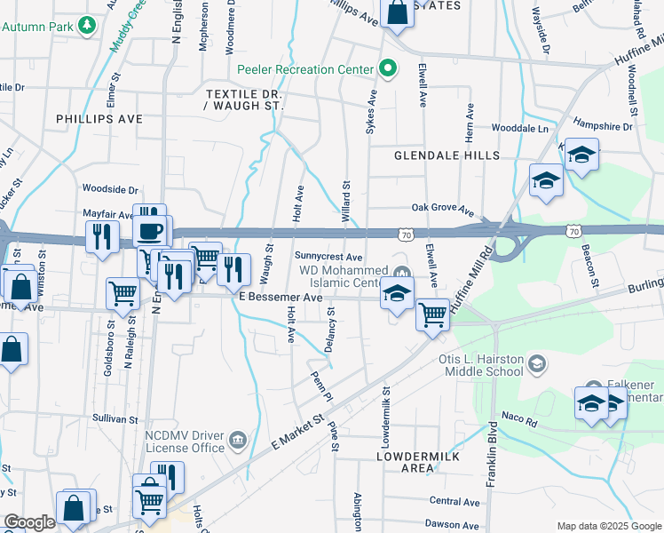 map of restaurants, bars, coffee shops, grocery stores, and more near 613 Willard Street in Greensboro