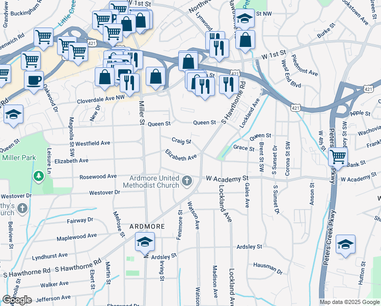 map of restaurants, bars, coffee shops, grocery stores, and more near 2025 Craig Street in Winston-Salem