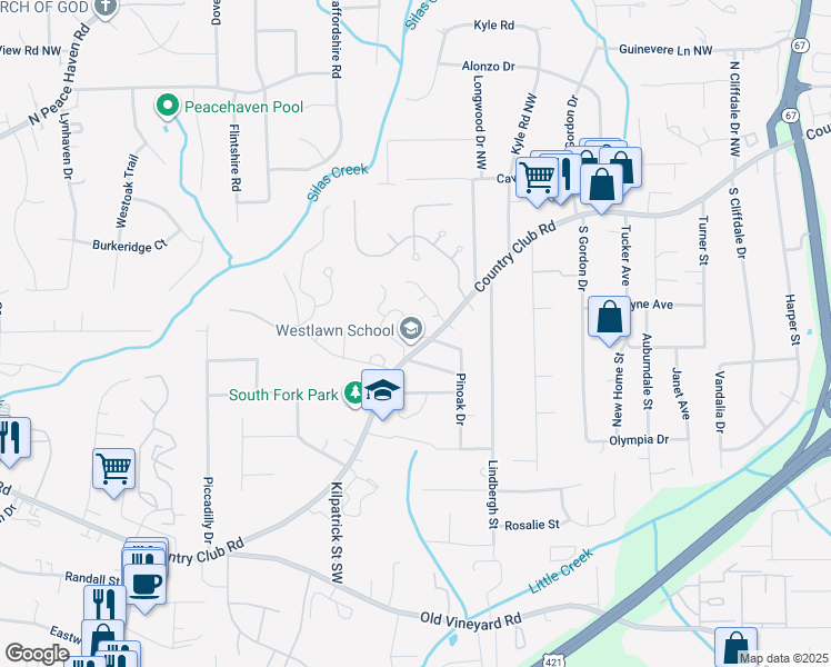map of restaurants, bars, coffee shops, grocery stores, and more near 202 Forest View Court in Winston-Salem