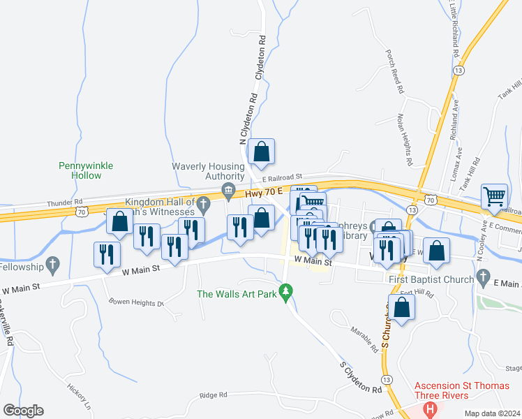 map of restaurants, bars, coffee shops, grocery stores, and more near 204 North Clydeton Road in Waverly