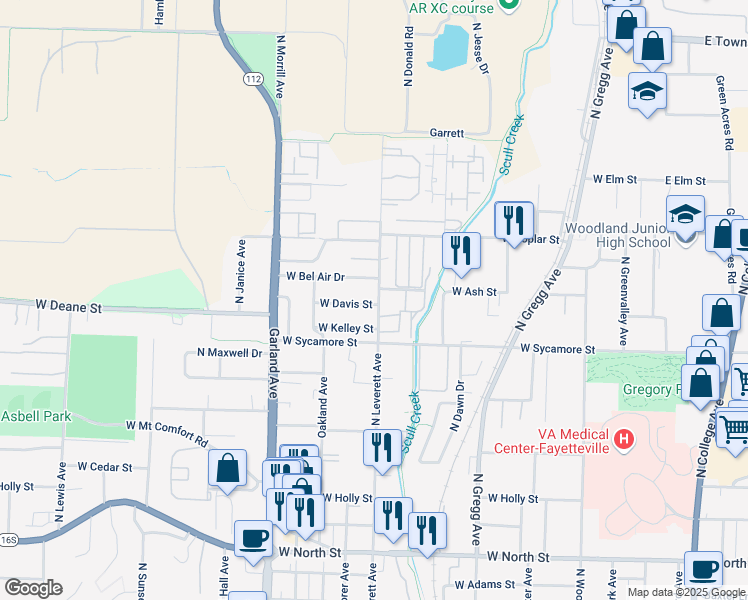 map of restaurants, bars, coffee shops, grocery stores, and more near 821 West Bel Air Drive in Fayetteville