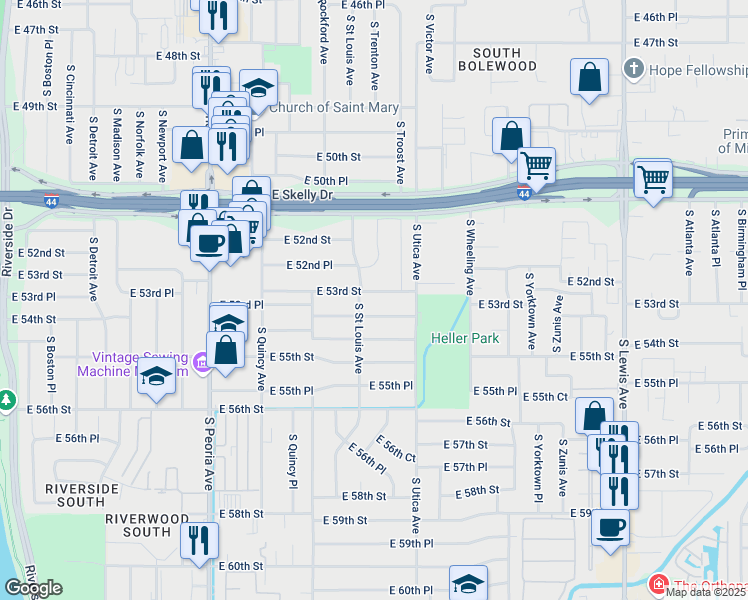 map of restaurants, bars, coffee shops, grocery stores, and more near 1603 East 53rd Street in Tulsa