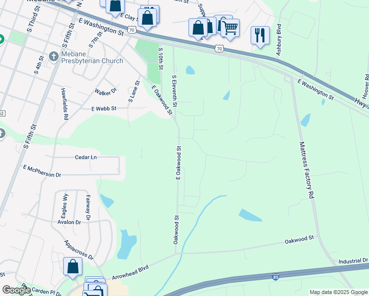 map of restaurants, bars, coffee shops, grocery stores, and more near 718 Oakwood Street in Mebane
