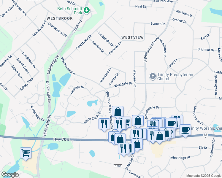 map of restaurants, bars, coffee shops, grocery stores, and more near 407 Westgate Drive in Elon