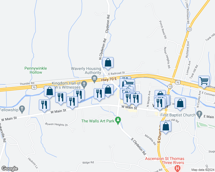 map of restaurants, bars, coffee shops, grocery stores, and more near 204 North Clydeton Road in Waverly