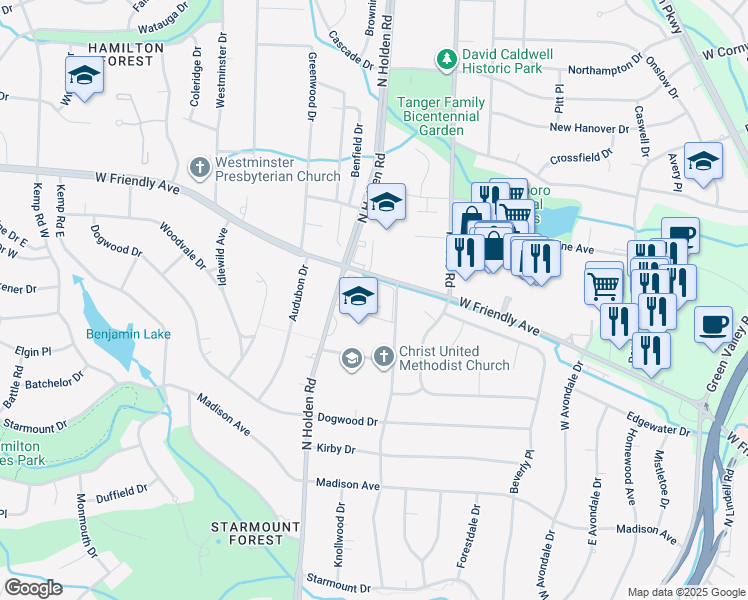 map of restaurants, bars, coffee shops, grocery stores, and more near 14 Ramsgate Court in Greensboro