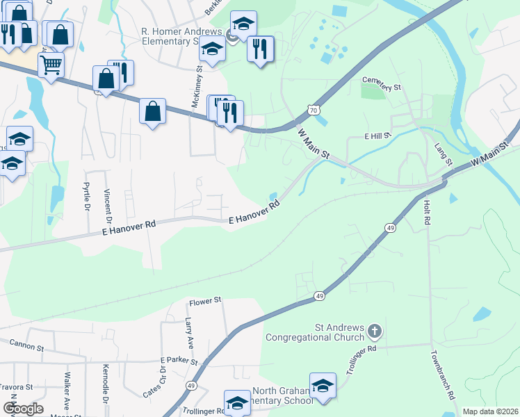 map of restaurants, bars, coffee shops, grocery stores, and more near 1036 East Hanover Road in Graham