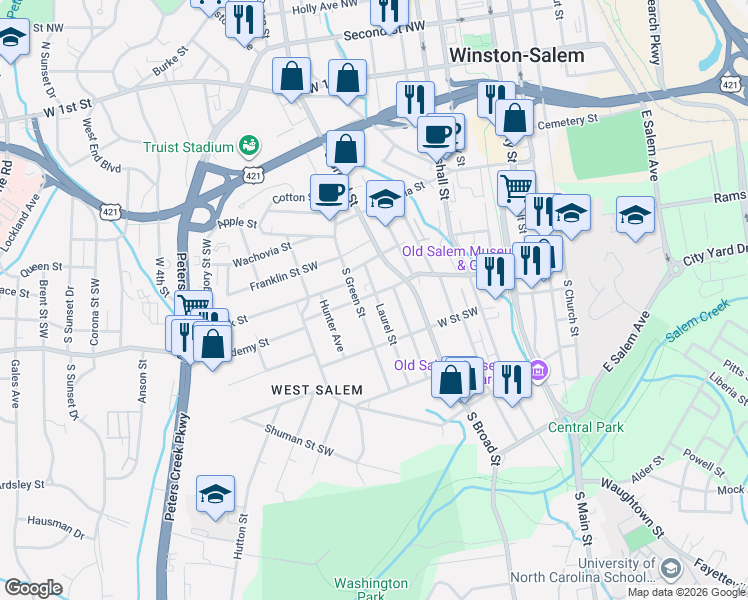 map of restaurants, bars, coffee shops, grocery stores, and more near in Winston-Salem