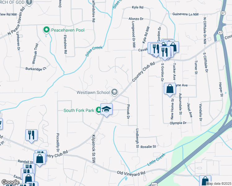 map of restaurants, bars, coffee shops, grocery stores, and more near 202 Forest View Court in Winston-Salem