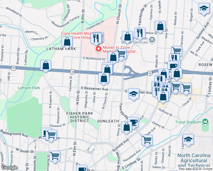 map of restaurants, bars, coffee shops, grocery stores, and more near 408 U.S. 220 in Greensboro