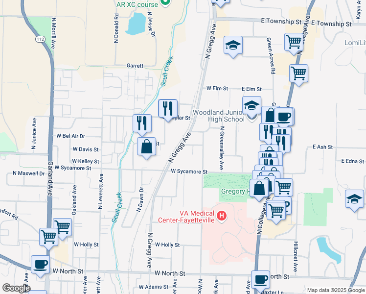 map of restaurants, bars, coffee shops, grocery stores, and more near in Fayetteville