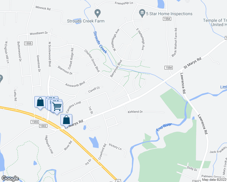 map of restaurants, bars, coffee shops, grocery stores, and more near 1610 Dunn Place in Hillsborough