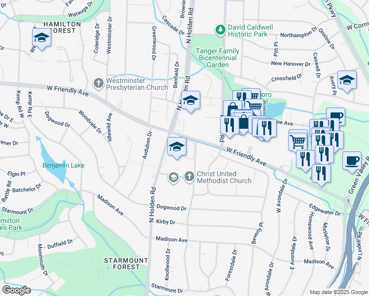 map of restaurants, bars, coffee shops, grocery stores, and more near 14 Ramsgate Court in Greensboro