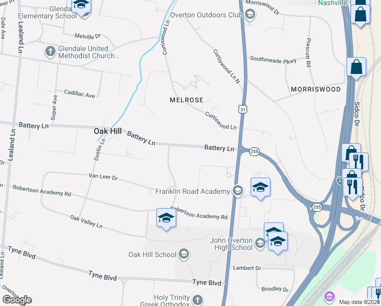 map of restaurants, bars, coffee shops, grocery stores, and more near 840 Battery Lane in Nashville