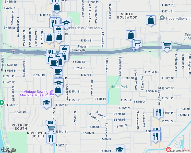 map of restaurants, bars, coffee shops, grocery stores, and more near 1603 East 53rd Street in Tulsa