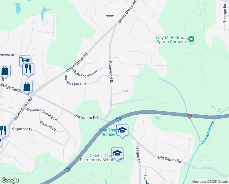 map of restaurants, bars, coffee shops, grocery stores, and more near 1377 Glenwood Road in Kernersville