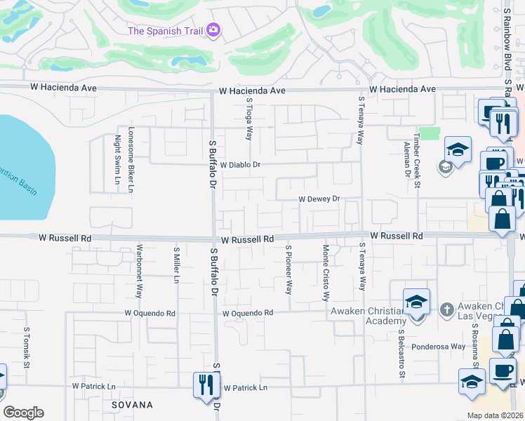 map of restaurants, bars, coffee shops, grocery stores, and more near 7668 Loftwood Avenue in Las Vegas