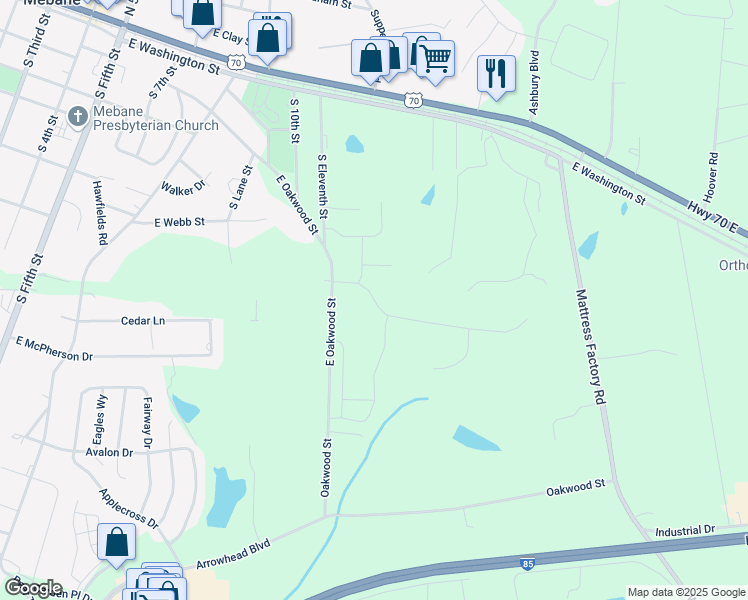map of restaurants, bars, coffee shops, grocery stores, and more near Enterprise Lane in Mebane