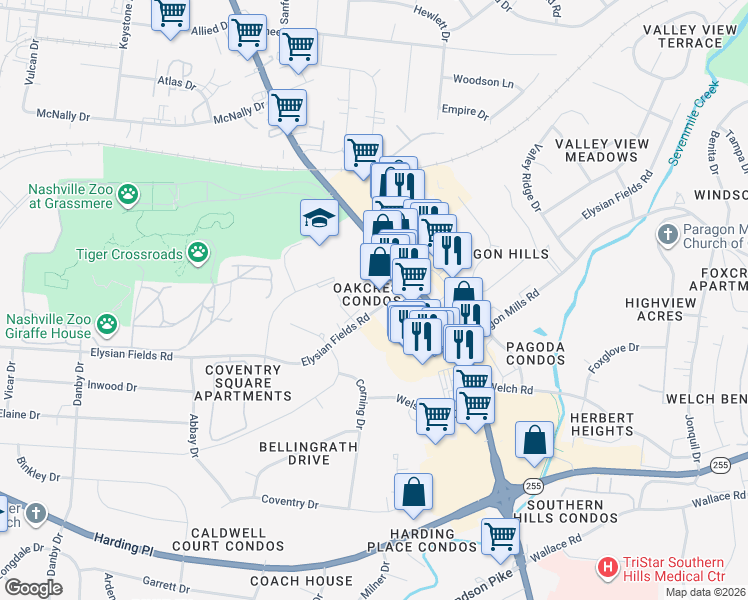 map of restaurants, bars, coffee shops, grocery stores, and more near 3813 Nolensville Pike in Nashville