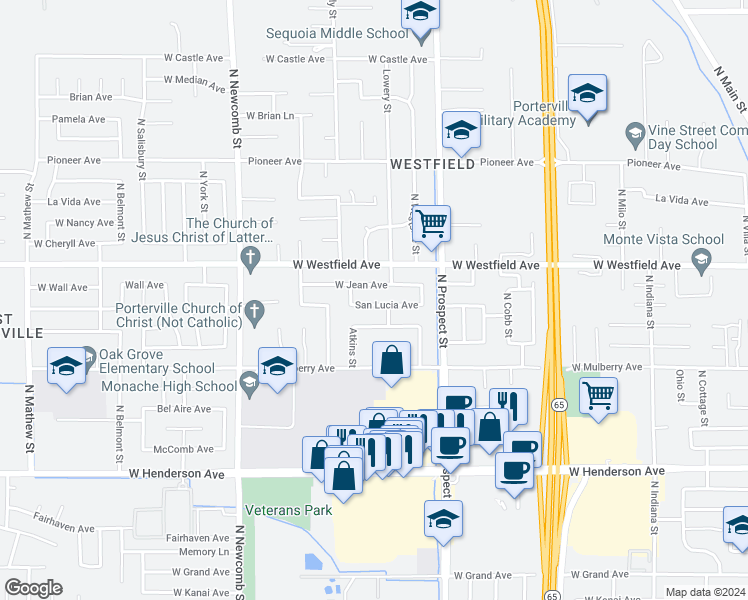 map of restaurants, bars, coffee shops, grocery stores, and more near 1330 San Lucia Avenue in Porterville