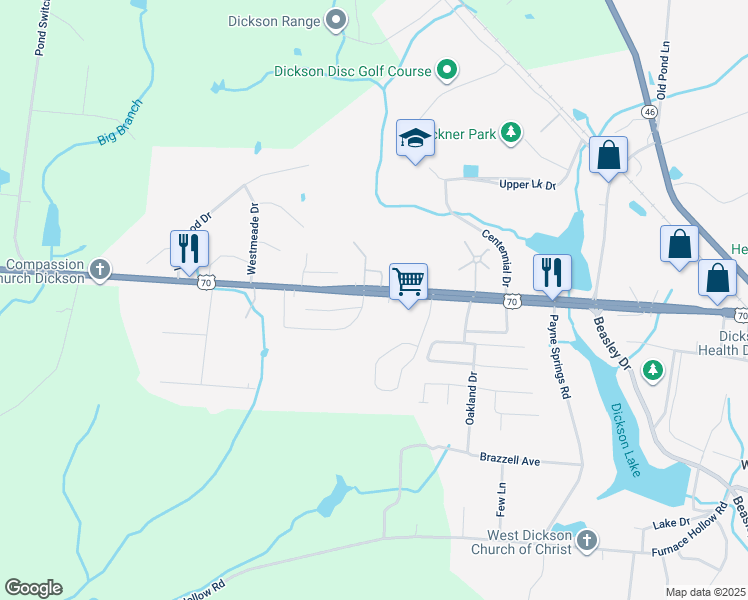 map of restaurants, bars, coffee shops, grocery stores, and more near 2225 U.S. 70 in Dickson