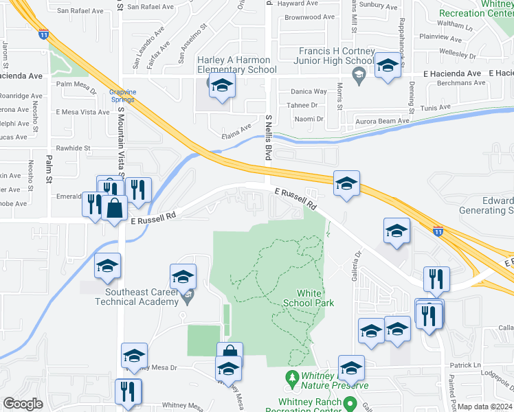 map of restaurants, bars, coffee shops, grocery stores, and more near 4915 East Russell Road in Las Vegas