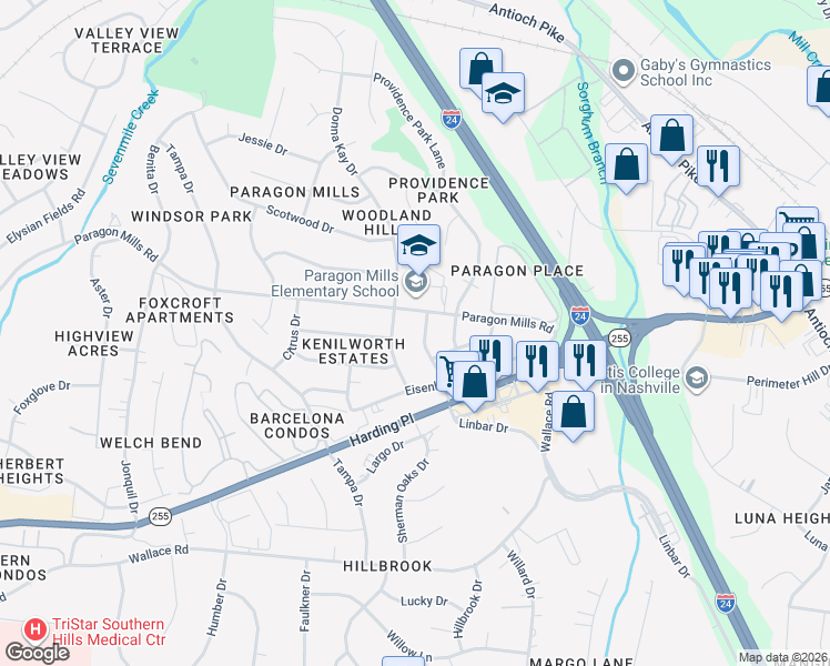 map of restaurants, bars, coffee shops, grocery stores, and more near 265 Paragon Mills Road in Nashville