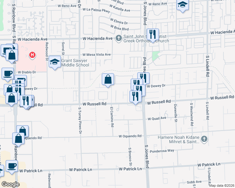 map of restaurants, bars, coffee shops, grocery stores, and more near 5642 Deer Creek Falls Court in Las Vegas