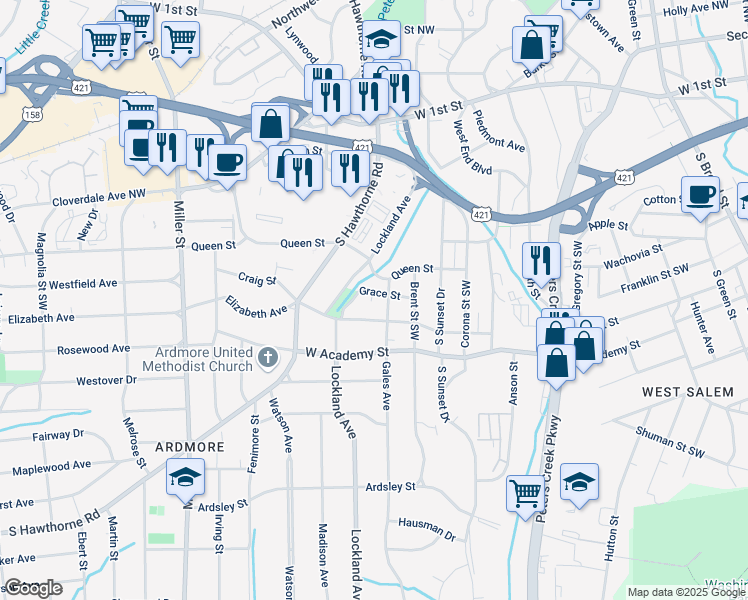 map of restaurants, bars, coffee shops, grocery stores, and more near 1802 Queen Street in Winston-Salem