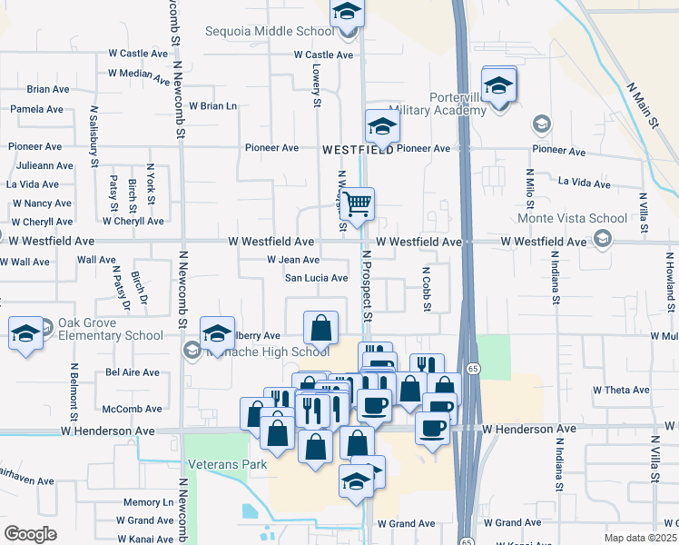 map of restaurants, bars, coffee shops, grocery stores, and more near 1256 San Lucia Avenue in Porterville