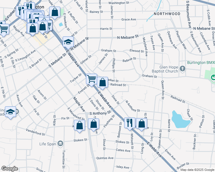 map of restaurants, bars, coffee shops, grocery stores, and more near 203 North Flanner Street in Burlington