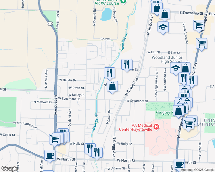 map of restaurants, bars, coffee shops, grocery stores, and more near 1882 N Pluto Drive in Fayetteville