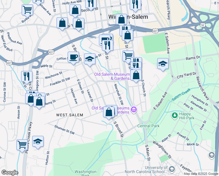 map of restaurants, bars, coffee shops, grocery stores, and more near 625 South Poplar Street in Winston-Salem