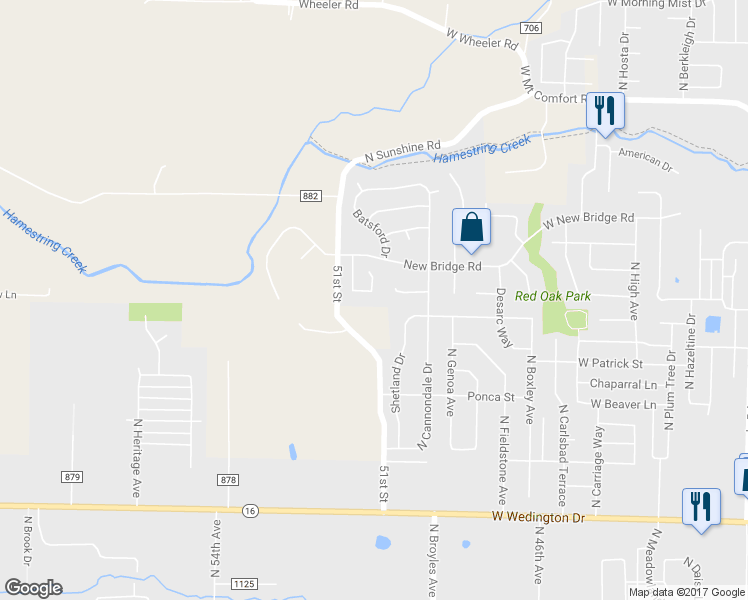 map of restaurants, bars, coffee shops, grocery stores, and more near 5097 W Ridgebury Pl in Fayetteville