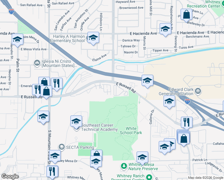 map of restaurants, bars, coffee shops, grocery stores, and more near 4915 East Russell Road in Las Vegas