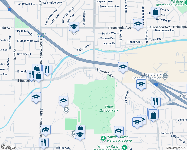 map of restaurants, bars, coffee shops, grocery stores, and more near 4915 East Russell Road in Las Vegas