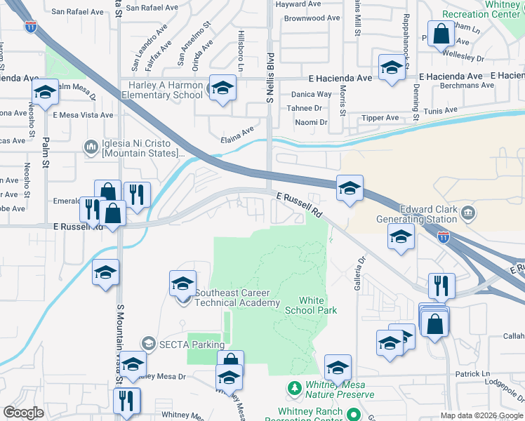 map of restaurants, bars, coffee shops, grocery stores, and more near 4915 East Russell Road in Las Vegas