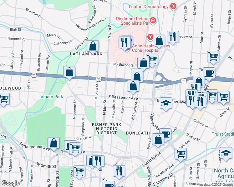 map of restaurants, bars, coffee shops, grocery stores, and more near 1107 Magnolia Street in Greensboro